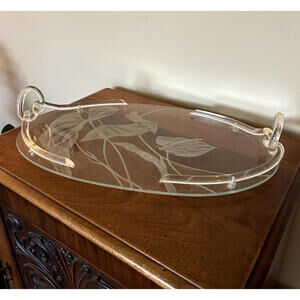 Dorothy Thorpe Glass Oval Vanity Tray with Etched Leaf Pattern & Lucite Handles